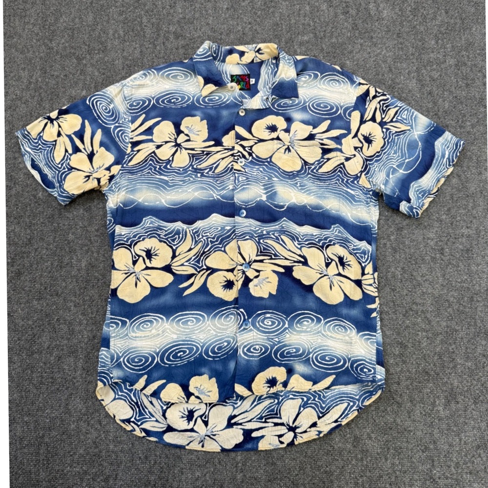 VTG Jams World Mens Blue Floral Tropical Rayon Short Sleeve Button Down Shirt M